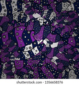 Seamless Beautiful fabric pattern. Vector. Doodles black, violet and blue on colors.