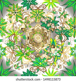 Seamless Beautiful fabric pattern. Vector. Doodles green, white and gray on colors.