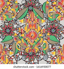 Seamless Beautiful fabric pattern. Vector. Doodles beige, black and gray on colors.
