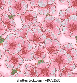 Seamless beautiful floral pattern. Hand drawn outline style illustration with sakura flowers. Pink and turquoise background, backdrop texture design for web, print, textile, fabric, cloth