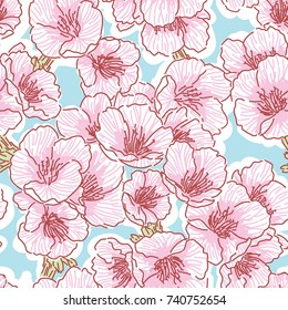 Seamless beautiful floral pattern. Hand drawn outline style illustration with sakura flowers. Pink and turquoise background, backdrop texture design for web, print, textile, fabric, cloth