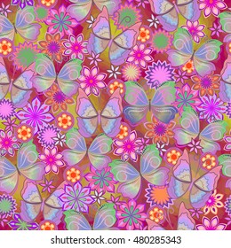Seamless beautiful fun pattern with butterflies and flowers. Vector background.Use for wallpaper, pattern fills,textile design.