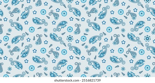 Seamless beautiful geometric paisley pattern textile design on blue background.