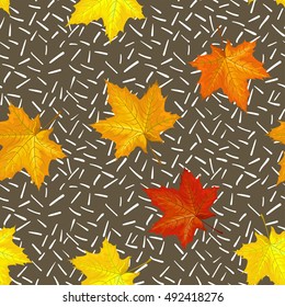 Seamless beautiful hand drawn autumn foliage vector pattern. Golden fall leaf. Maple leaves on abstract decorative lines modern memphis 80's style pattern. Vector illustration EPS10