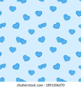 A seamless beautiful heart pattern. Blue symbols on a gentle light background. Holiday wrapping paper. Valentines Day. Love. Wedding