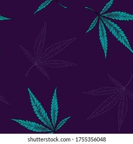 Patrón de cáñamo sin foco. cannabis brillante y elegante para el diseño textil. Ornamento de hojas. Diseño de patrones naturales y orgánicos