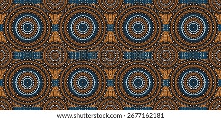 seamless beautiful Kitenge, chitenge style. African ethnic traditional blue orange color pattern. fashion design in brown. Geometric circle abstract motif. Floral Ankara prints, African wax prints.