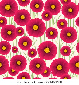 Seamless beautiful light background with flowers, pink dahlias with green stalks, a vector illustration