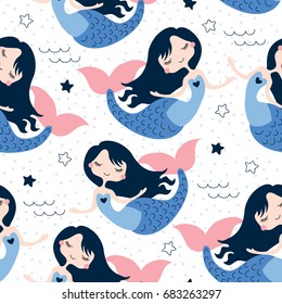 seamless beautiful mermaid girl pattern vector illustration