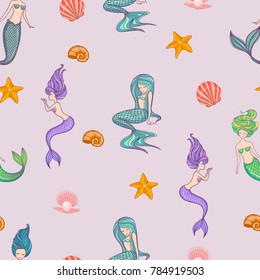 seamless beautiful mermaid girl pattern vector illustration