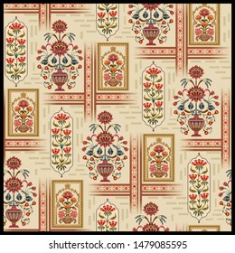 Seamless beautiful mughal  flower  motif   with pattern  design cream background