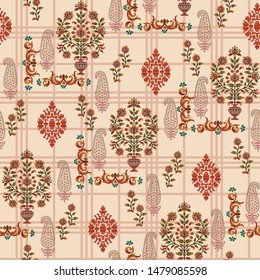 Seamless beautiful mughal  flower  motif   with pattern  design cream background