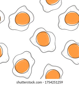 Seamless beautiful omelette pattern on a white background. Bright and tasty fried egg for textile design. Food ornament 