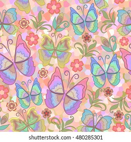 Seamless beautiful pattern with butterflies and flowers. Stained glass picture. Vector background.Use for wallpaper, pattern fills,textile design.
