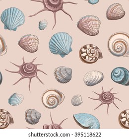 Seamless beautiful pattern of colored drawings of seashells on a beige background . 