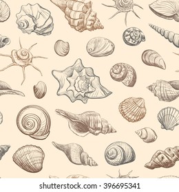 
Seamless beautiful pattern of drawings of seashells on a beige background . 