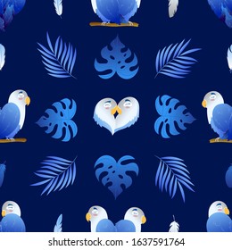 Seamless beautiful pattern with enamored parrots and monstera on navy blue background. Heart shaped lovebirds. Wrap, design, fabric texture, background. Cute vector illustration