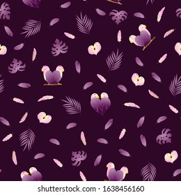 Seamless beautiful pattern with enamored parrots, feathers and monstera on purple background. Heart shaped lovebirds. Wrap, design, fabric texture, background. Cute vector illustration