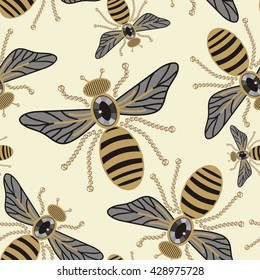Seamless beautiful pattern fabric of flying bees, dragonflies, shiny gold and black print with precious rhinestones, embroidery and jewelry - stock vector.