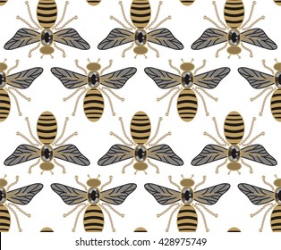 Seamless beautiful pattern fabric of flying bees, dragonflies, shiny gold and black print with precious rhinestones, embroidery and jewelry - stock vector.