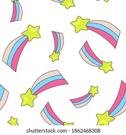 Un hermoso patrón impecable con estrellas en caída. Estrellas y arcos de lluvia. Traje de fondo para imprenta y textiles para niños. Ilustración del vector