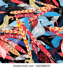 Seamless beautiful pattern of leaves and feathers on a dark background