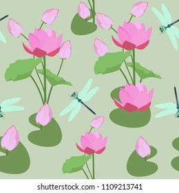 Seamless beautiful pattern with lotus flowers and dragonflies. For decoration of textiles, packaging and web design. Vector illustration.