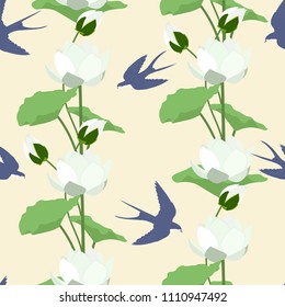 Seamless beautiful pattern with lotus flowers and birds swallows. For decorating textiles, packaging and wallpaper. Vector illustration.