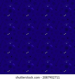 Seamless beautiful pattern on a blue background with various objects. Vector illustration