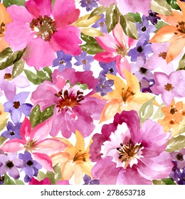 Seamless beautiful pattern with summer flowers. Watercolor painting