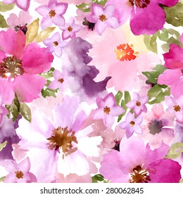 Seamless beautiful pattern with summer flowers. Watercolor painting