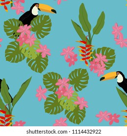 Seamless beautiful pattern with tropical flowers and tukan bird. For decorating textiles, packaging and wallpaper. Vector illustration.