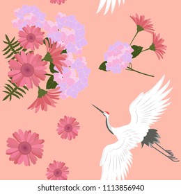 Seamless beautiful pattern with white cranes and flowers of hydrangea and gerbera. For decorating textiles, packaging and wallpaper. Vector illustration.