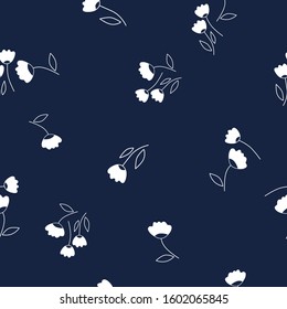 Seamless beautiful pattern with white flowers on a dark blue background.