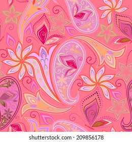 Seamless beautiful pink pattern with paisley and butterflies. Traditional ethnic ornament , amazing design. Vector background.