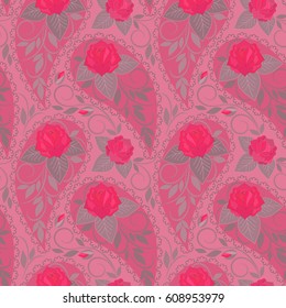 Seamless beautiful pink pattern with paisley and roses. Traditional ethnic ornament , classic design. Vector picture.                                 
