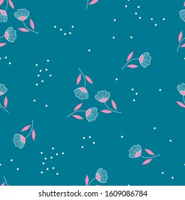 seamless beautiful print in small polka dots and with minimalistic flowers in white and pink on a blue background