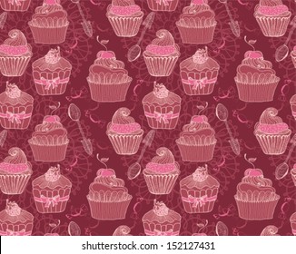 Seamless Beautiful retro Background with cupcakes, Vector