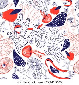 Seamless beautiful sea pattern from coral and jellyfish on a white background