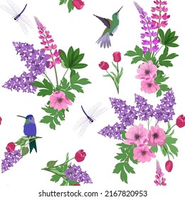 Ilustración vectorial veraniega sin foco con lila, tulipanes y colibríes sobre fondo blanco. Para decorar textiles, embalajes, papel pintado.