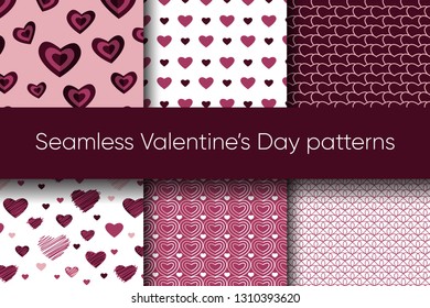 Seamless beautiful Valentine's Day hearts patterns set in dark red colors. May be used as a background of a greeting card, a wallpaper, textile etc.