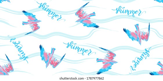 Seamless beautiful vector background with flying birds and lettering on a white background.