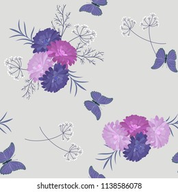 Seamless beautiful vector illustration with asters and butterflies on a light background. For decorating textiles, packaging and wallpaper.