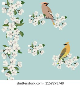 Seamless beautiful vector illustration with blooming apple and bird on blue background. For decorating textiles, packaging and wallpaper.
