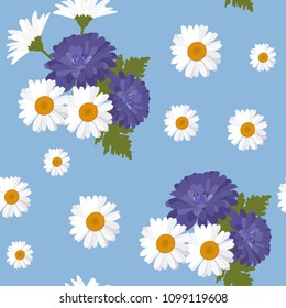 Seamless beautiful vector illustration with bouquets of camomile flowers and chrysanthemums on a blue background. For decorating textiles, packaging and wallpaper.