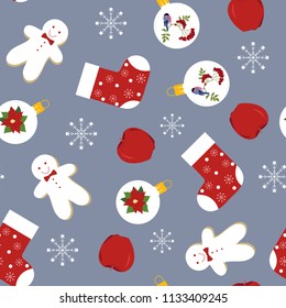 Seamless beautiful vector illustration with christmas balls, christmas sock, gingerbread. For decoration of textiles, packaging and web design.