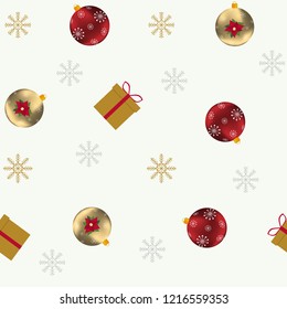 Seamless beautiful vector illustration with christmas balls, gifts and snowflakes. For decorating textiles, packaging, covers, web designs.