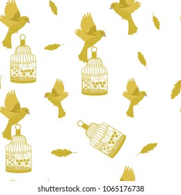 Seamless beautiful vector illustration with a gold cages and a canary on a white background. For decorating textiles, packaging.