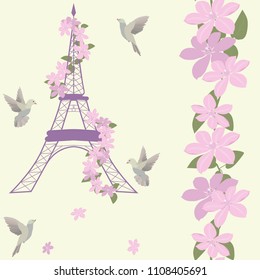 Seamless beautiful vector illustration of a stylized eiffel tower with flowers clematis and birds. For decorating textiles, packaging and wallpaper.