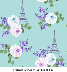 Seamless beautiful vector illustration of a stylized Eiffel tower with lavender and chrysanthemum on a blue background. For decorating textiles, packaging and wallpaper.